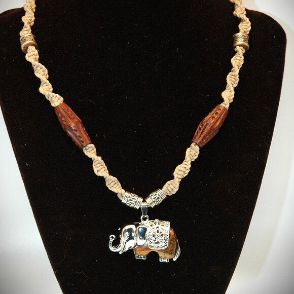 Cats Eye Silver Toned Elephant on a Handmade Tan 17 3/4" Hemp Necklace - Picture 1 of 3